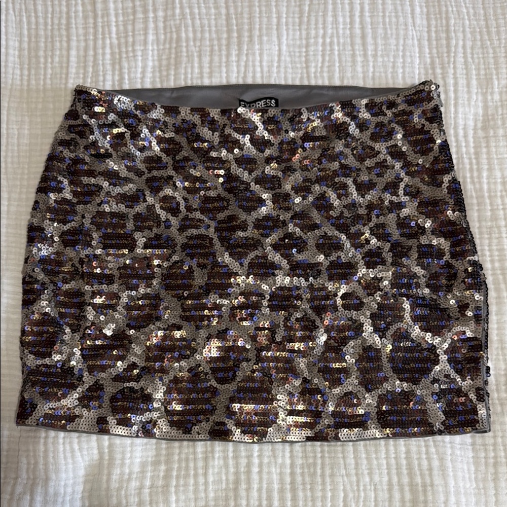 Express Sequin Leopard Skirt - Brown and Gold
